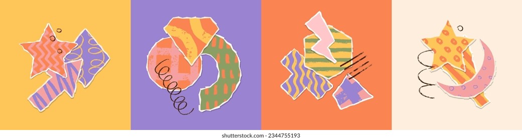 Set of abstract geometric shapes, torn out paper collage elements, art design forms with textured patterns. Contemporary trendy compositions collection. Hand drawn Vector illustration.