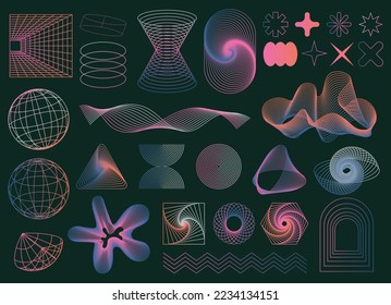 Set of Abstract geometric shapes trending futuristic line design elements, infographic shapes. Modern trendy retro futurism digital vaporwave. Retrofuturistic Vector illustration for UI and UX