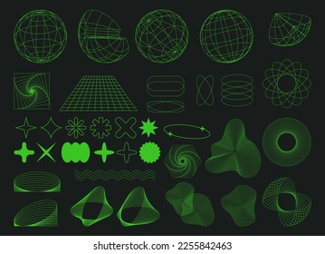 Set of Abstract geometric shapes trending futuristic line design elements, infographic shapes. Modern trendy retro futurism digital vaporwave. Retrofuturistic Vector illustration for UI and UX
