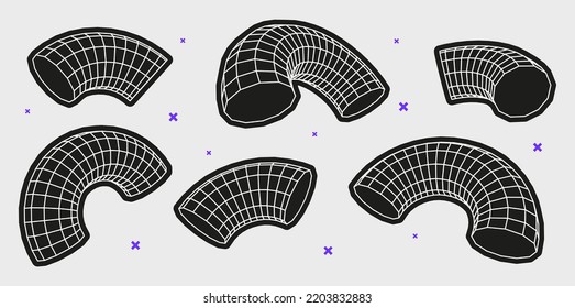 Set of abstract geometric shapes or trendy brutalism style elements inspired brutalism. Flat vector illustration with 3d wireframe models. Concept psychedelic techno style.