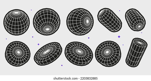 Set of abstract geometric shapes or trendy brutalism style elements inspired brutalism. Flat vector illustration with 3d wireframe models. Concept psychedelic techno style.