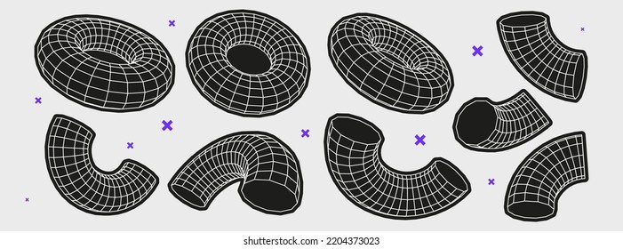 Set of abstract geometric shapes or trendy brutalism style elements. Flat vector illustration with 3d wireframe models. Concept psychedelic techno style.