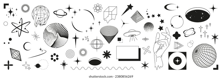 Set of abstract geometric shapes or trendy geometric shapes inspired brutalism. Flat vector illustration with 3d wireframe models. Concept psychedelic techno style.