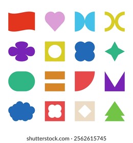 Set abstract Geometric Shapes. Trendy Y2K retro badges vector design. Sticker label elements. Groovy retro shapes.