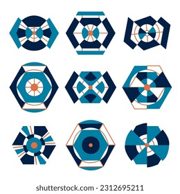 A set of abstract geometric shapes. Triangles, circles, hexagon, line, trapezoid. Suprematism. Icons. Blue, turquoise, orange. For the design of websites, patterns, postcards.