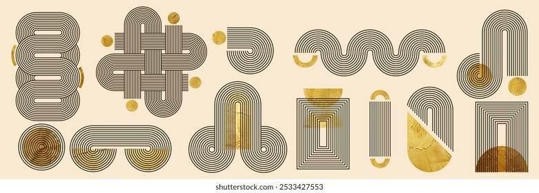 Set of abstract geometric shapes and zen arch with stripe pattern and golden texture. Vector elements in trendy boho aesthetic