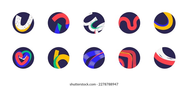 Set of abstract geometric story highlight covers. Various doodle shapes, scribble elements. Round icons, stickers. Social media templates. Vector illustration