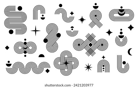 Satz abstrakter, geometrischer gestreifter Muster einzeln auf weißem Hintergrund. Bearbeitbarer Strich. Vektorgrafik.