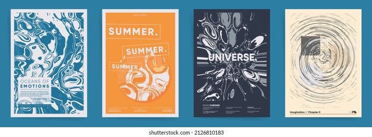 Set of abstract geometric summer collection design templates for poster, flyer placard, cover, music event or party banner. Fluid artwork with waves and circles. Modern vector graphic print.