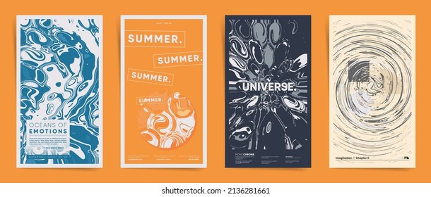 Set of abstract geometric summer design templates for stories, event flyer, social media posts or party banner. Fluid artwork with waves and circles. Modern vector vertical graphic background set.