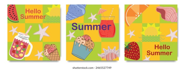 Set of abstract geometric summer posters, cards with summer elements, cocktail, sea shells, Ice cream, fruits. Colorful cocktail party invitation, summer background, cover.