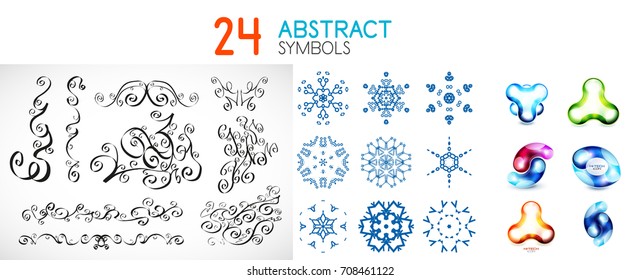 Satz abstrakter geometrischer Symbole - bläschenförmige, blumengezeichnete Schwenken und Winterschneeflocken