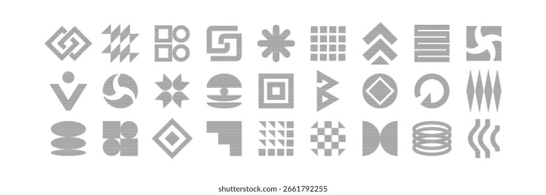Conjunto de símbolos geométricos abstratos com sombreamento horizontal. Design de estilo brutalista, efeito de ilusão óptica. Ícones vetoriais modernos para pôsteres, marcas ou experimentos gráficos.