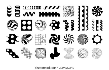 Conjunto de símbolos geométricos abstractos. Objetos y formas brutalmente audaces modernos. Siluetas minimalistas de figuras en blanco y negro. Diseño contemporáneo.Ilustración vectorial