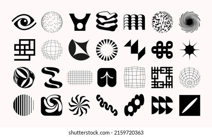 Set of abstract geometric symbols. Modern Bold Brutalistic Objects and Shapes. Black and white minimalistic silhouettes of figures. Contemporary design.Vector illustration