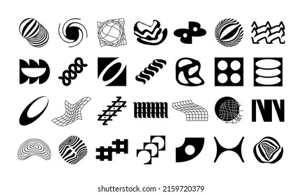 Conjunto de símbolos geométricos abstractos. Objetos y formas brutalmente audaces modernos. Siluetas minimalistas de figuras en blanco y negro. Diseño contemporáneo.Ilustración vectorial