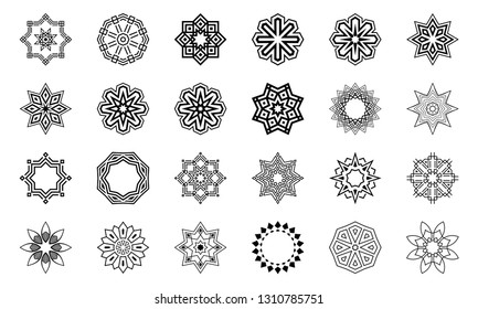 Set of abstract geometric symmetric center shapes. Collection of symbols for your design. Isolated on white background. Design elements, ornaments. Ethnic symbols. Vector monochrome illustration.