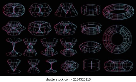 Set of abstract geometric technology elements in cyberpunk style. Retro vintage collection 3d virtual digital design. Texture 80s vr. Futuristic metaverse pattern. Vector isolated template background.