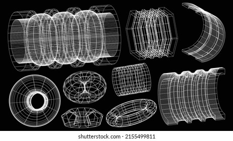 Set of abstract geometric technology elements in cyberpunk style. Retro vintage collection 3d virtual digital design. Texture 80s vr. Futuristic metaverse pattern. Vector isolated template background.