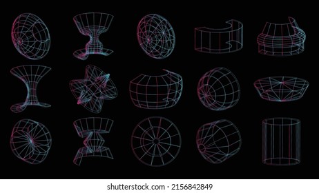 Set of abstract geometric technology elements in cyberpunk style. Retro vintage collection 3d virtual digital design. Texture 80s vr. Futuristic metaverse pattern. Vector isolated template background.