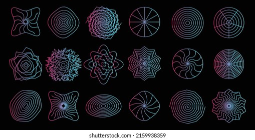 Set of abstract geometric technology elements in cyberpunk style. Retro vintage collection 3d virtual digital design. Texture 80s vr. Futuristic metaverse pattern. Vector isolated template background.