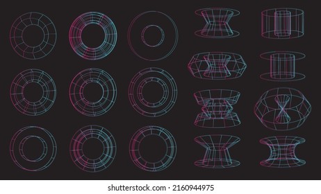 Set of abstract geometric technology elements in cyberpunk style. Retro vintage collection 3d virtual digital design. Texture 80s vr. Futuristic metaverse pattern. Vector isolated template background.