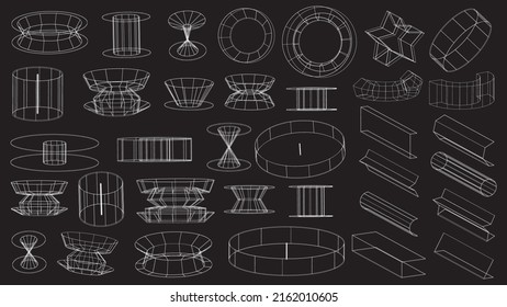 Set of abstract geometric technology elements in cyberpunk style. Retro vintage collection 3d virtual digital design. Texture 80s vr. Futuristic metaverse pattern. Vector isolated template background.