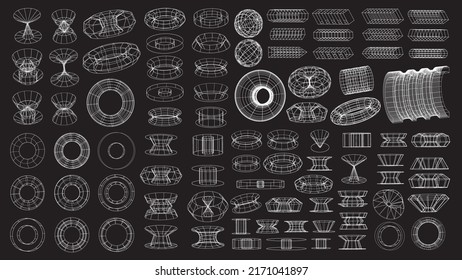 Set of abstract geometric technology elements in cyberpunk style. Retro vintage collection 3d virtual digital design. Texture 80s vr. Futuristic metaverse pattern. Vector isolated template background.