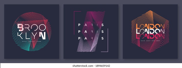 Set of abstract geometric t-shirt vector designs, graphic prints. Brooklyn, Paris, London.