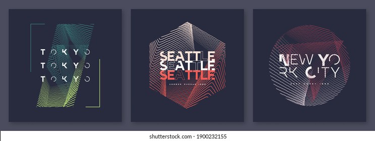 Set of abstract geometric t-shirt vector designs, graphic prints. Tokyo, Seattle, New York.