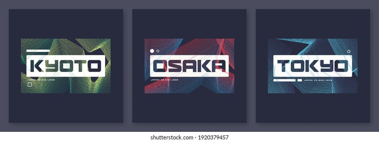 Set of abstract geometric t-shirt vector designs, graphic prints. Kyoto, Osaka, Tokyo.