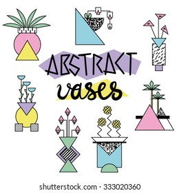 Set of abstract geometric vases and plants in bright memphis style