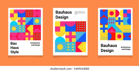 Set of abstract geometric vector posters in neo-memphis/ bauhaus/ vaporwave style. Collection of retrofuturistic covers for club party, music concert. 