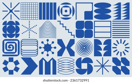 Conjunto de formas abstractas de vectores geométricos, logotipos y símbolos futuristas y modernistas, inspirado en el diseño suizo