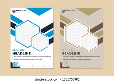 Set of abstract geometric vertical cover flyer template design. white and grey background combined blue and gold element brochure. hexagon shape for photo space. 