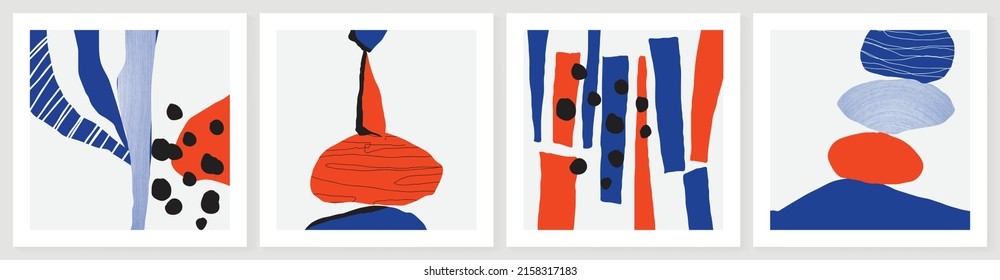 Set of abstract geometric wall art template. Blue, red, white color, organic shapes, ink paint, line art. Collection of abstract wall decoration perfect for decorative, interior, prints, banner.