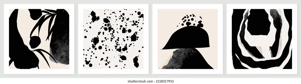 Set of abstract geometric wall art template. Black and white color, organic shapes, ink paint, monochrome. Collection of abstract wall decoration perfect for decorative, interior, prints, banner.