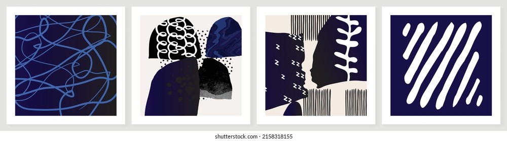 Conjunto de plantilla de arte de pared geométrica abstracta. Azul, blanco, negro, formas orgánicas, círculos, líneas de arte. Colección de la decoración abstracta de las paredes perfecta para decoraciones, interiores, impresiones, banner.