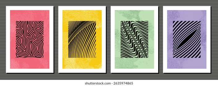 Set of abstract geometric wavy striped backgrounds – modern optical art pattern posters with vibrant color frames.
