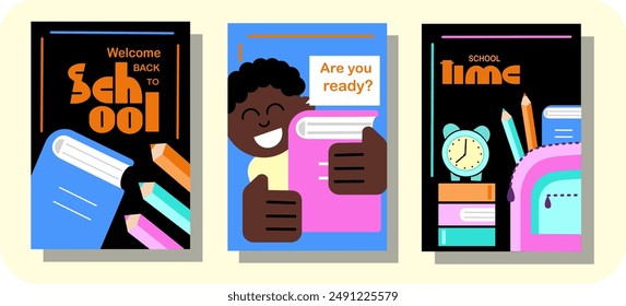 Set von abstrakten geometrischen Willkommen zurück in der Schule vertikale Poster. Zurück zur Schule Werbung Kollektion Plakate mit Schulbedarf . Vektorillustration