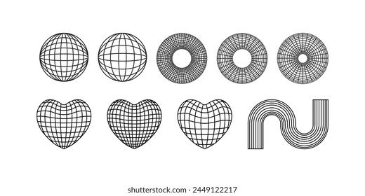 Set of abstract geometric wireframe shapes and forms. Heart and circle shapes. Vector outline illustration