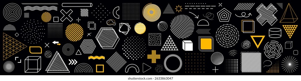 Conjunto de Elementos gráficos geométricos abstractos sobre fondo negro - Ilustración vectorial