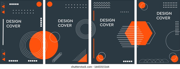 set of Abstract geometrical memphis style orange theme vector illustration geometrical background wallpaper. Background in restrained sustained tempered style. Magazine, leaflet, billboard, sale