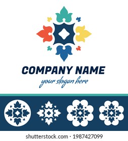 Set of abstract geometrical shape logo. Flower icon, colored and monochrome shades. Hand crafted flat design element. Vector print illustration