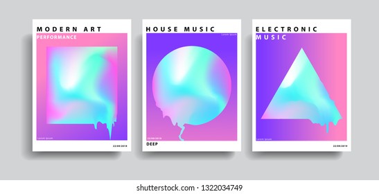 Set of Abstract geometry with dirty drain. Square , round and triangle. brochure ,banner. Synthwave style 80s - 90s. Vaporwave. Retrowave. Vector Holographic effect.