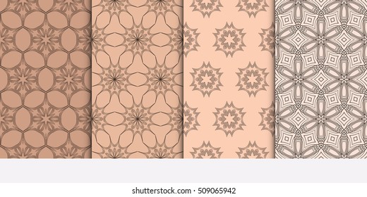 Set of abstract geometry flower seamless pattern. Brown color, Vector illustration. For design clothes, greeting card, scrapbook, wallpaper fills