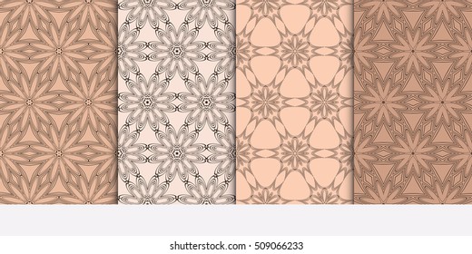 Set of abstract geometry flower seamless pattern. Brown color, Vector illustration. For design clothes, greeting card, scrapbook, wallpaper fills