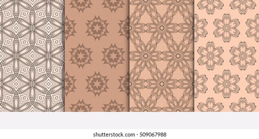 Set of abstract geometry flower seamless pattern. Brown color, Vector illustration. For design clothes, greeting card, scrapbook, wallpaper fills
