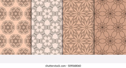Set of abstract geometry flower seamless pattern. Brown color, Vector illustration. For design clothes, greeting card, scrapbook, wallpaper fills