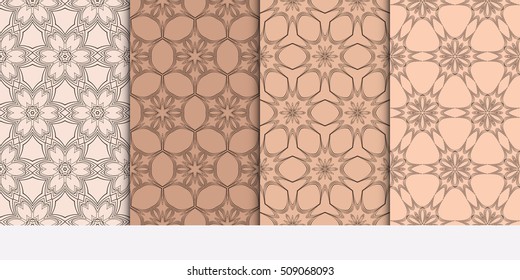 Set of abstract geometry flower seamless pattern. Brown color, Vector illustration. For design clothes, greeting card, scrapbook, wallpaper fills